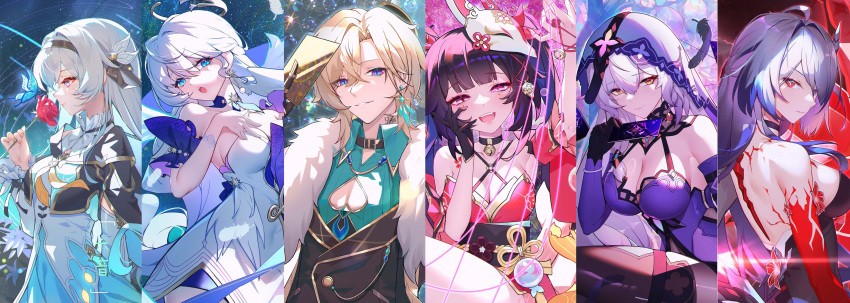 1boy 5girls absurdres acheron_(honkai:_star_rail) aventurine_(honkai:_star_rail) bare_shoulders bell black_choker black_swan_(honkai:_star_rail) blonde_hair body_markings breasts card choker cleavage cleavage_cutout clothing_cutout dress earrings evil_smile firefly_(honkai:_star_rail) flower fox_mask fur_trim hair_ornament halo hand_on_own_chest hand_on_own_face head_wings highres holding holding_flower honkai:_star_rail honkai_(series) jewelry looking_at_viewer looking_to_the_side mask misheng_liu_yin multicolored_eyes multiple_girls neck_bell parted_lips purple_hair red_eyes red_flower red_rose robin_(honkai:_star_rail) rose smile sparkle_(honkai:_star_rail) string white_dress white_hair wings yellow_eyes