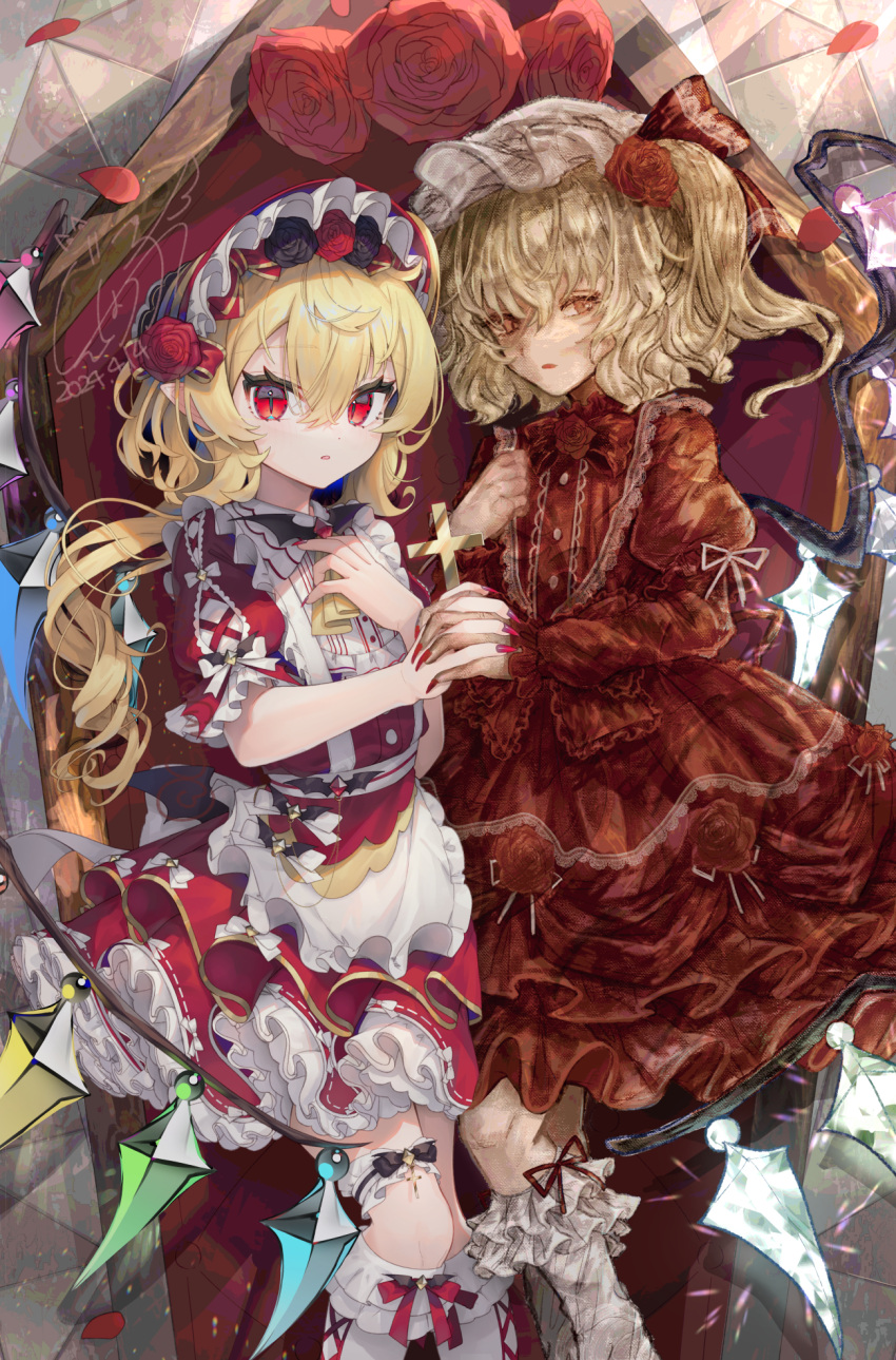 2girls alternate_costume blonde_hair casket cowboy_shot cross crystal_wings flandre_scarlet flower frills gunjou_row hair_ribbon hat hat_ribbon highres holding_hands interlocked_fingers mob_cap multiple_girls open_mouth red_eyes red_flower red_ribbon red_rose ribbon rose side_ponytail touhou