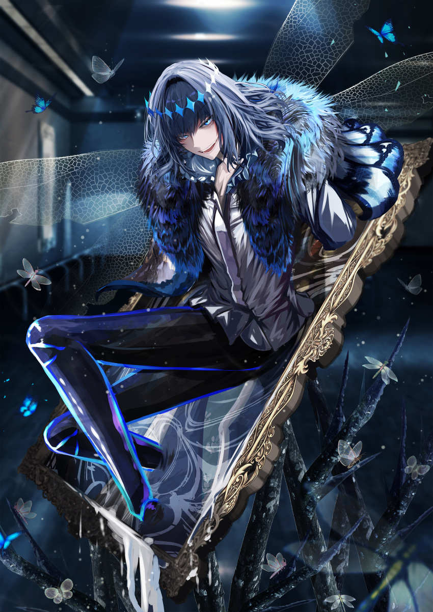 1boy absurdres antinese arthropod_boy black_hair blue_eyes bug cape cloak collared_shirt crown diamond_hairband dragonfly_wings fate/grand_order fate_(series) fur-trimmed_cape fur-trimmed_cloak fur_trim highres insect_wings long_sleeves looking_at_viewer male_focus medium_hair moth oberon_(fate) oberon_(third_ascension)_(fate) official_alternate_hair_color shirt smile solo white_shirt wings