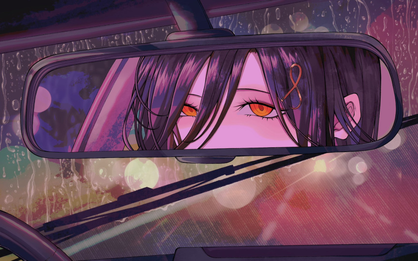 1girl braid brown_hair car car_interior driving eyes_visible_through_hair hair_ornament hair_over_one_eye headlight highres long_hair mirror motor_vehicle nijisanji orange_eyes rain rear-view_mirror shirayuki_tomoe shirayuki_tomoe_(1st_costume) single_braid solo steering_wheel tail_lights vehicle_interior virtual_youtuber windshield wipers zero_zhengyi