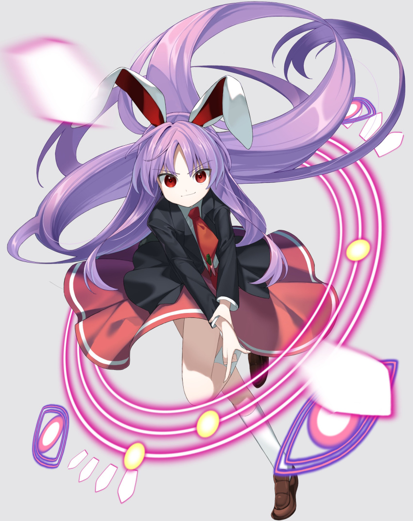 1girl absurdres animal_ears black_jacket blazer brown_footwear closed_mouth commentary_request danmaku finger_gun grey_background happy highres jacket keiki8296 loafers long_hair long_sleeves necktie pink_skirt purple_hair rabbit_ears red_eyes red_necktie reisen_udongein_inaba running shirt shoes simple_background skirt smile socks solo touhou very_long_hair white_shirt white_socks