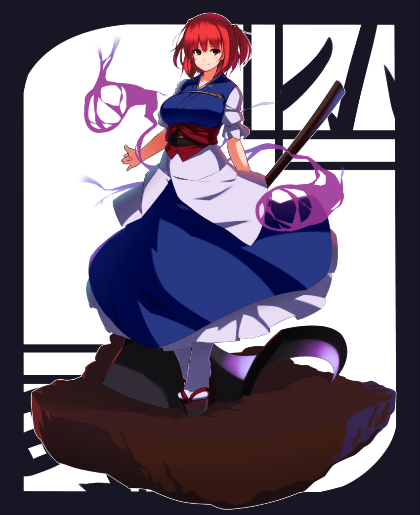 1girl black_footwear blue_dress commentary_request dress full_body hair_bobbles hair_ornament highres holding holding_scythe looking_at_viewer onozuka_komachi red_eyes red_hair sash scythe short_hair solo totosu touhou two_side_up