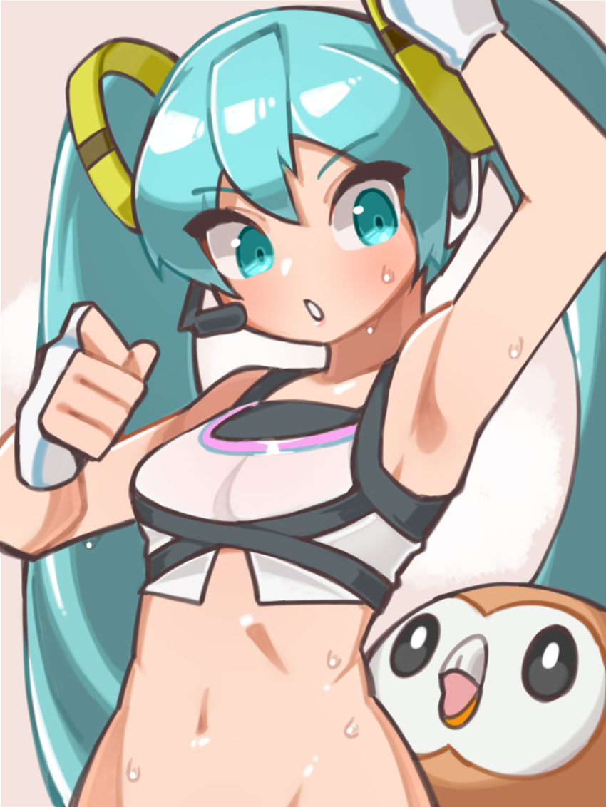 1girl aqua_eyes aqua_hair bird breasts crop_top crossover fingerless_gloves fit_boxing_feat._hatsune_miku:_isshoni_exercise fitness_boxing gloves groin hatsune_miku headset highres midriff navel owl pokemon pokemon_(creature) rowlet small_breasts suiran_(suiran2822) sweat twintails vocaloid