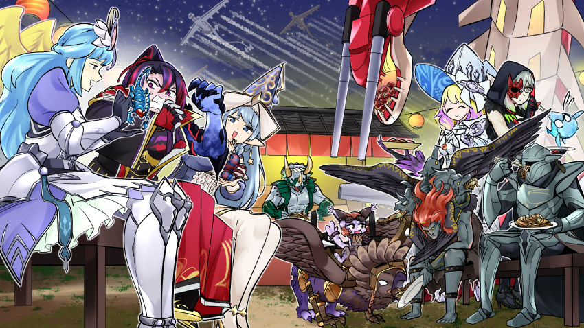 4girls 5boys aircraft airplane angel angel_wings armor armored_dress astral_kuriboh black_skin blonde_hair blue_dress blue_hair bug cannon cherubini_ebon_angel_of_the_burning_abyss colored_skin commission commissioner_upload contrail cooking diabellstar_the_black_witch diabellze_the_original_sinkeeper dinosaur_boy dinowrestler_pankratops disgust dress duel_monster eating elf fallen_angel feeding food full_armor fusilier_dragon_the_dual-mode_beast gameplay_mechanics grey_hair griffin half_mask hat highres holding holding_food illegal_knight izakaya kashtira_riseheart lantern mask mecha_phantom_beast_dracossack multicolored_hair multiple_boys multiple_girls multiple_heads night non-humanoid_robot number_76_harmonizer_gradielle outdoors pixiv_commission pointy_ears purple_hair robot robot_animal sawan_cutman scorpion sky smile star_(sky) starry_sky takoyaki triceratops wandering_gryphon_rider water_enchantress_of_the_temple wings witch_hat yakisoba yu-gi-oh!