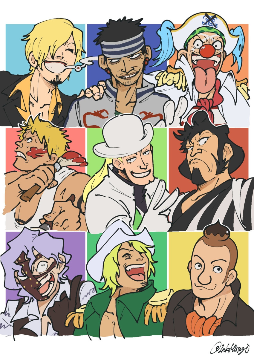 6+boys bellamy black_hair blonde_hair buggy_the_clown calico_yorki dark-skinned_male dark_skin english-beginner facial_hair gin_(one_piece) goatee grin half_mask hat headband helmeppo highres kinemon long_sideburns male_focus mask medium_sideburns montblanc_noland multiple_boys off_shoulder one_piece paint_splatter paint_splatter_on_face pirate pirate_hat sanji_(one_piece) sanpaku short_hair sideburns smile spandam tank_top thick_eyebrows tongue tongue_out topknot tsurime v white_tank_top