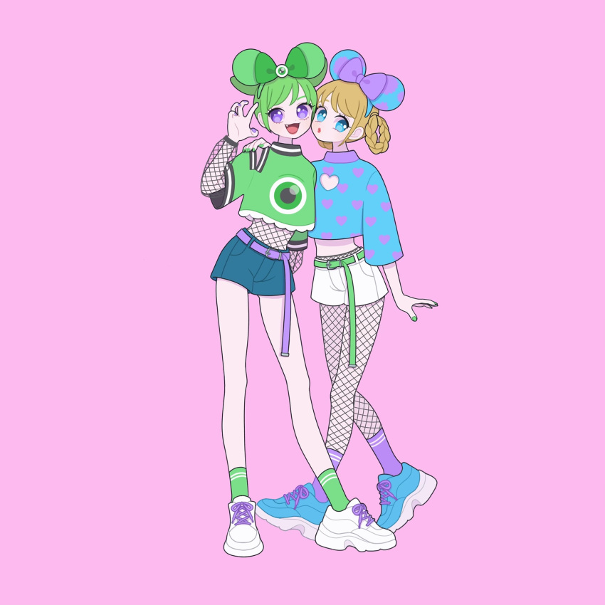 2girls :d belt blonde_hair blue_bow blue_eyes blue_footwear blue_hairband blue_shirt blue_shorts bow bow_hairband claw_pose commentary_request cone_hair_bun double_bun fishnet_pantyhose fishnet_top fishnets fukuhara_ann full_body green_bow green_hair green_hairband green_shirt green_socks hair_bow hair_bun hairband hand_on_another's_shoulder hand_up highres looking_at_viewer morizono_wakana multiple_girls nyaasechan open_mouth pantyhose pink_background pretty_rhythm pretty_rhythm_rainbow_live pretty_series print_shirt purple_eyes purple_socks shirt shoes short_hair short_sleeves shorts simple_background smile sneakers socks standing white_footwear white_shorts