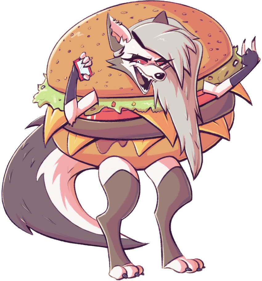 absurd_res adam_clowery anthro burger burger_costume canid canid_demon canine cheeseburger_costume clothing costume demon female food food_costume hellhound helluva_boss hi_res loona_(helluva_boss) mammal mythological_canine mythological_creature mythology solo