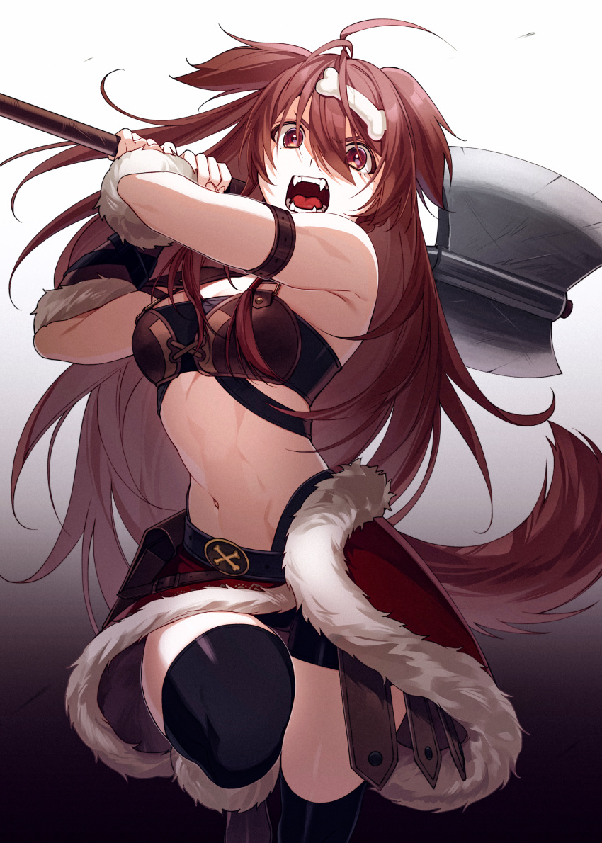 1girl absurdres animal_ears armor axe bone_hair_ornament boots brown_eyes brown_hair cartoon_bone dog_ears dog_girl fangs fur-trimmed_boots fur_skirt fur_trim hair_ornament highres holding holding_axe hololive inugami_korone inugami_korone_(viking) leather_armor long_hair looking_at_viewer navel official_alternate_costume onimoti open_mouth simple_background solo viking virtual_youtuber