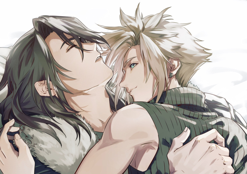 2boys absurdres arm_around_back bare_shoulders bed_sheet black_jacket blonde_hair blue_eyes brown_hair closed_eyes cloud_strife cuddling earrings fermium.ice final_fantasy final_fantasy_vii final_fantasy_vii_advent_children final_fantasy_viii fur-trimmed_jacket fur_trim grey_shirt highres jacket jewelry looking_at_another male_focus medium_hair multiple_boys parted_lips shirt short_hair single_earring sleeping sleeveless sleeveless_shirt smile spiked_hair squall_leonhart upper_body white_fur yaoi