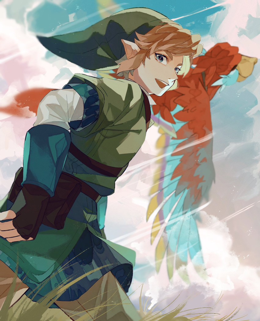 1boy armor bird blonde_hair chainmail cloud cloudy_sky cowboy_shot fingerless_gloves gloves green_hat green_tunic hat highres link long_sleeves male_focus open_mouth outdoors pisu_1107 pointy_ears pointy_hat rain shirt short_hair sky smile the_legend_of_zelda the_legend_of_zelda:_skyward_sword white_shirt