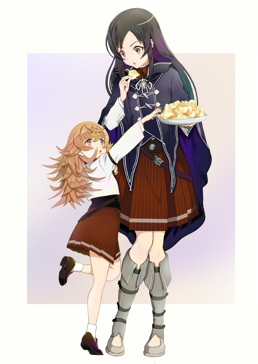 2girls absurdres belt black_hair blue_jacket boots brown_eyes brown_footwear brown_hair child chips_(food) eyebrows_hidden_by_hair food grey_eyes grey_footwear hair_between_eyes highres holding holding_food holding_plate hood hooded_jacket jacket juliette_(mushoku_tensei) knee_boots long_bangs long_hair multiple_girls mushoku_tensei nanahoshi_shizuka outstretched_arm plate pleated_skirt potato_chips ranoa_magic_academy_school_uniform red_skirt rora_(user_vgpk4444) school_uniform shirt simple_background skirt standing standing_on_one_leg tiptoes white_jacket white_shirt