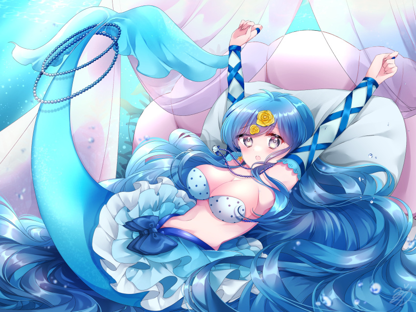 1girl :o air_bubble armpits arms_up bare_shoulders bikini blue_bow blue_eyes blue_hair blue_skirt bow breasts bubble cleavage commentary_request commission detached_sleeves earrings flower full_body hair_flower hair_ornament highres houshou_hanon houshou_hanon_(mermaid) jewelry large_breasts layered_skirt long_hair looking_at_viewer lying mermaid mermaid_melody_pichi_pichi_pitch midriff monster_girl navel necklace on_back open_mouth pillow polka_dot polka_dot_bikini shell shell_bikini shell_necklace sidelocks signature skeb_commission skirt solo star_(symbol) star_earrings strapless strapless_bikini swept_bangs swimsuit tail tail_ornament tail_raised underwater very_long_hair wavy_hair yuzuca_(trickster4594)