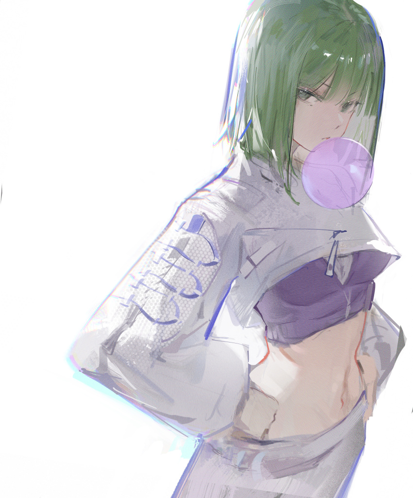 1girl absurdres arknights blowing_bubbles chewing_gum commentary_request cowboy_shot crop_top cropped_jacket ela_(rainbow_six_siege) ela_(safehouse)_(rainbow_six_siege) green_eyes green_hair hands_on_own_hips highres jacket long_sleeves looking_at_viewer medium_hair midriff navel official_alternate_costume pants purple_shirt rainbow_six_siege shijiubashuazi shirt simple_background solo white_background white_jacket white_pants