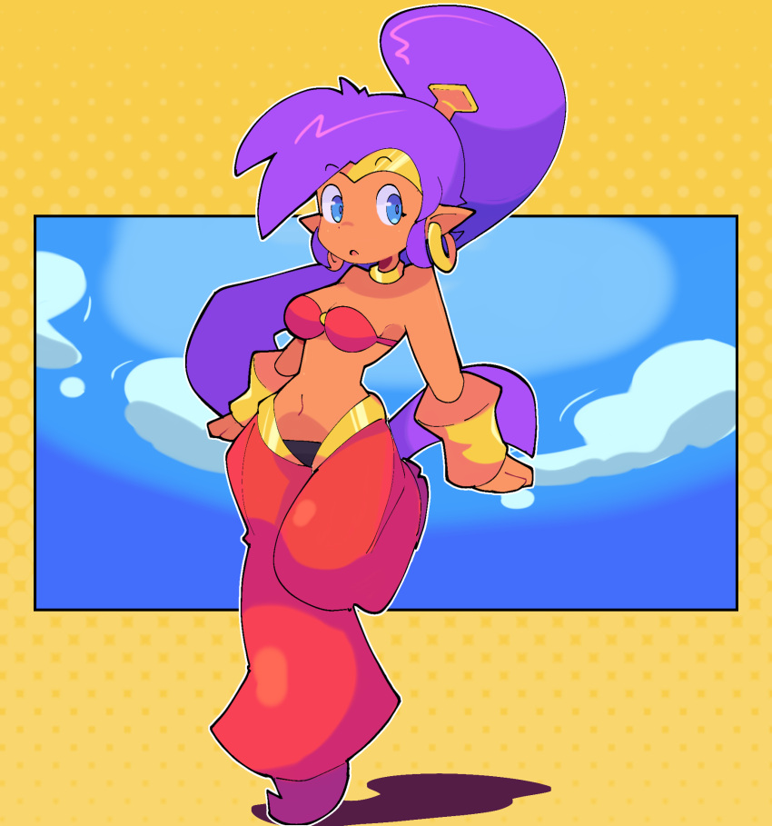 abstractpurple blue_eyes breasts brown_body brown_skin clothing ear_piercing ear_ring female footwear genie hair hi_res humanoid humanoid_pointy_ears long_hair not_furry piercing ponytail purple_hair ring_piercing shantae shantae_(series) solo wayforward