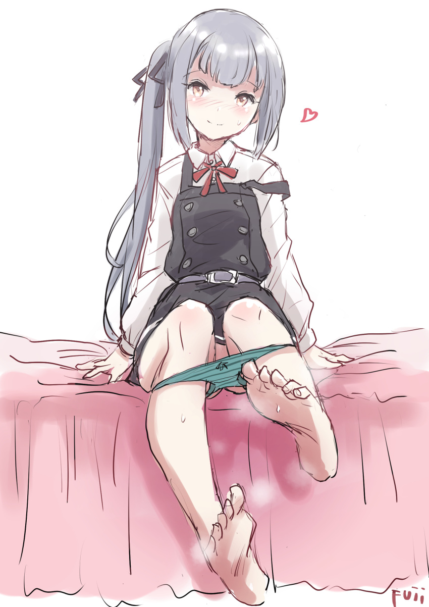 1girl barefoot bed brown_eyes dress fuji_(pixiv24804665) full_body grey_hair hair_ribbon highres kantai_collection kasumi_(kancolle) kasumi_kai_ni_(kancolle) long_hair looking_at_viewer panties panty_pull pinafore_dress ribbon side_ponytail simple_background sleeveless sleeveless_dress solo steam underwear unworn_panties white_background