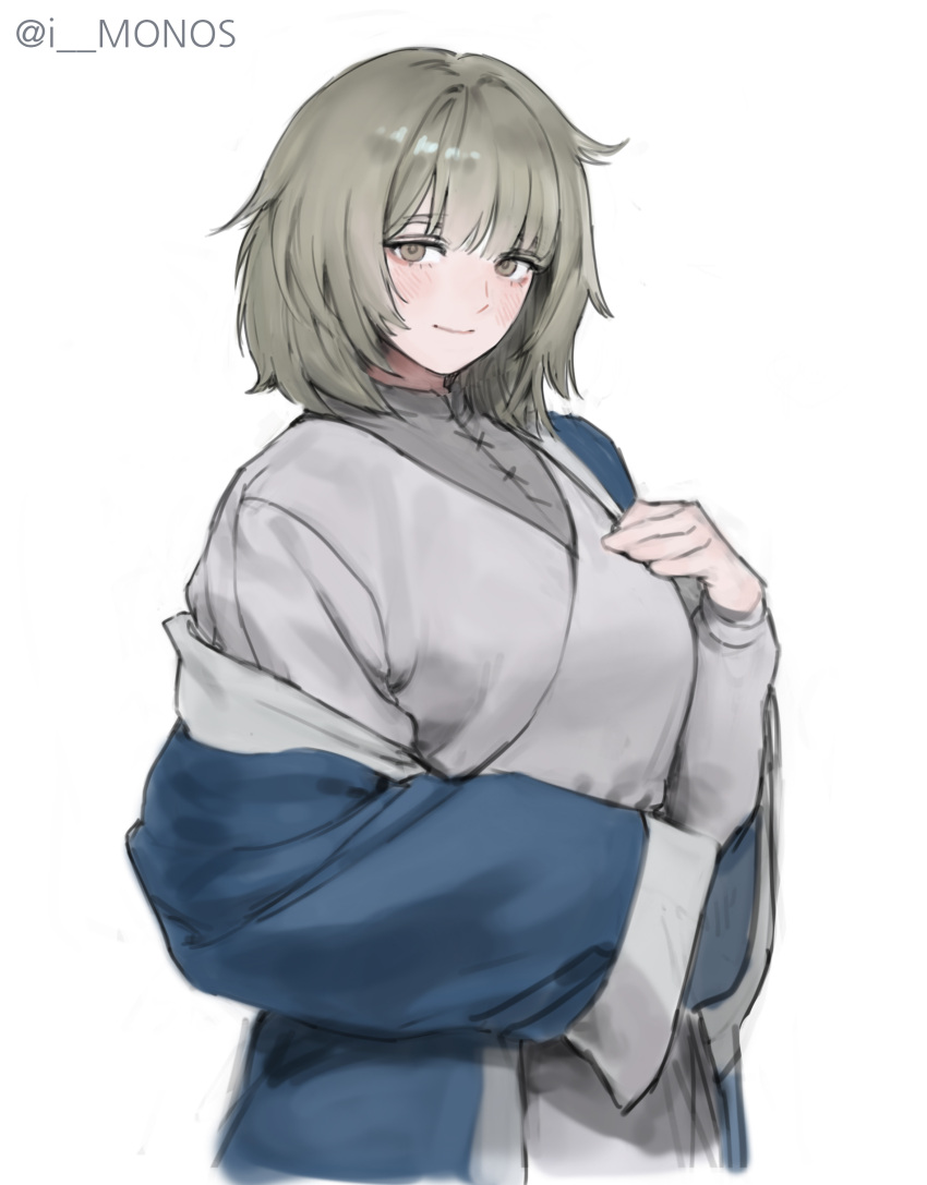 1girl absurdres blue_coat blunt_bangs breasts brown_eyes closed_mouth coat coat_partially_removed dungeon_meshi falin_touden grey_hair hand_on_own_chest highres i_monos large_breasts light_blush long_sleeves looking_at_viewer medium_hair shirt sleeves_past_fingers sleeves_past_wrists smile solo twitter_username upper_body white_background white_shirt