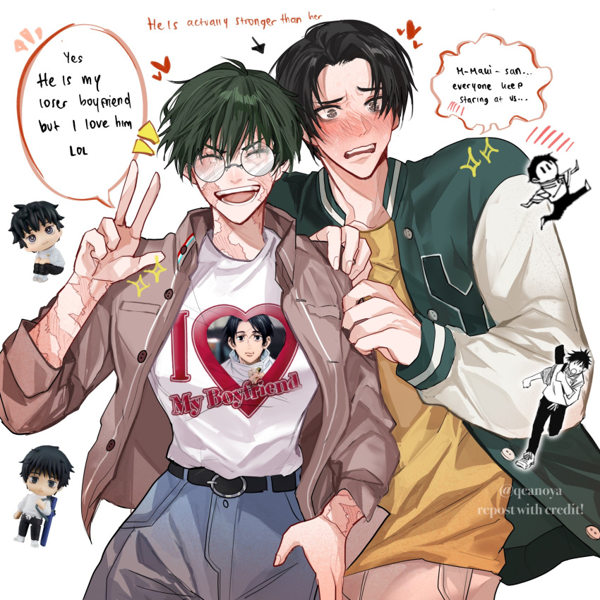 1boy 1girl black_hair blue_pants blush burn_scar closed_eyes collared_shirt couple cropped_legs green_hair highres jacket jujutsu_kaisen letterman_jacket nervous okkotsu_yuuta pants qeanoya scar scar_on_arm scars_all_over shirt short_hair speech_bubble t-shirt v yellow_shirt zen'in_maki