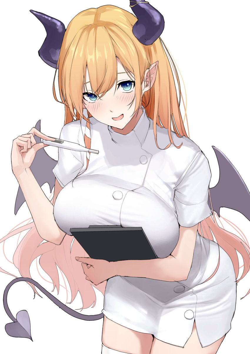 1girl blonde_hair blue_eyes blush breasts clipboard demon_girl demon_horns demon_tail demon_wings highres holding holding_clipboard hololive horns large_breasts long_hair looking_at_viewer mitsuru_(pixiv_34028718) nurse pointy_ears short_sleeves simple_background solo swept_bangs tail thermometer thighhighs virtual_youtuber wings yuzuki_choco