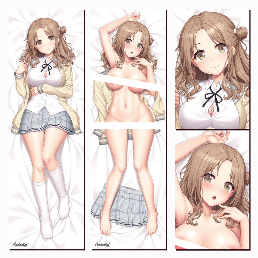 1girl :o arm_under_breasts armpits artist_name arukamikad bar_censor bed_sheet blush bra bra_peek brown_hair button_gap cardigan censored completely_nude dakimakura_(medium) full_body grey_skirt groin hair_bun highres ichikawa_hinana idolmaster idolmaster_shiny_colors long_hair looking_at_viewer lying multiple_views navel neck_ribbon nude on_back pink_bra ribbon school_uniform shirt signature single_side_bun skirt smile socks stomach toes underwear unworn_cardigan unworn_skirt very_long_hair white_shirt white_socks yellow_cardigan