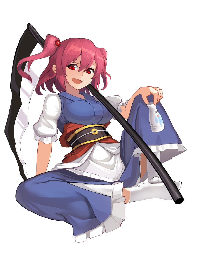 1girl absurdres breasts coin commentary cup fps_xilou full_body highres holding holding_cup knee_up large_breasts looking_at_viewer obi onozuka_komachi open_mouth red_eyes red_hair sash scythe short_sleeves simple_background smile socks solo touhou two_side_up variant_set white_background white_socks