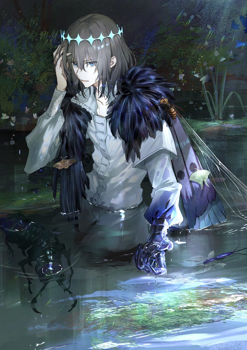 1boy absurdres arthropod_boy black_hair blue_eyes bug butterfly_wings cape centipede cloak collared_shirt crown diamond_hairband dragonfly_wings fate/grand_order fate_(series) fur-trimmed_cape fur-trimmed_cloak fur_trim highres hoshi_rasuku insect_wings long_sleeves looking_at_viewer male_focus medium_hair moth oberon_(fate) oberon_(third_ascension)_(fate) official_alternate_hair_color shirt solo upper_body white_shirt wing_cape wings