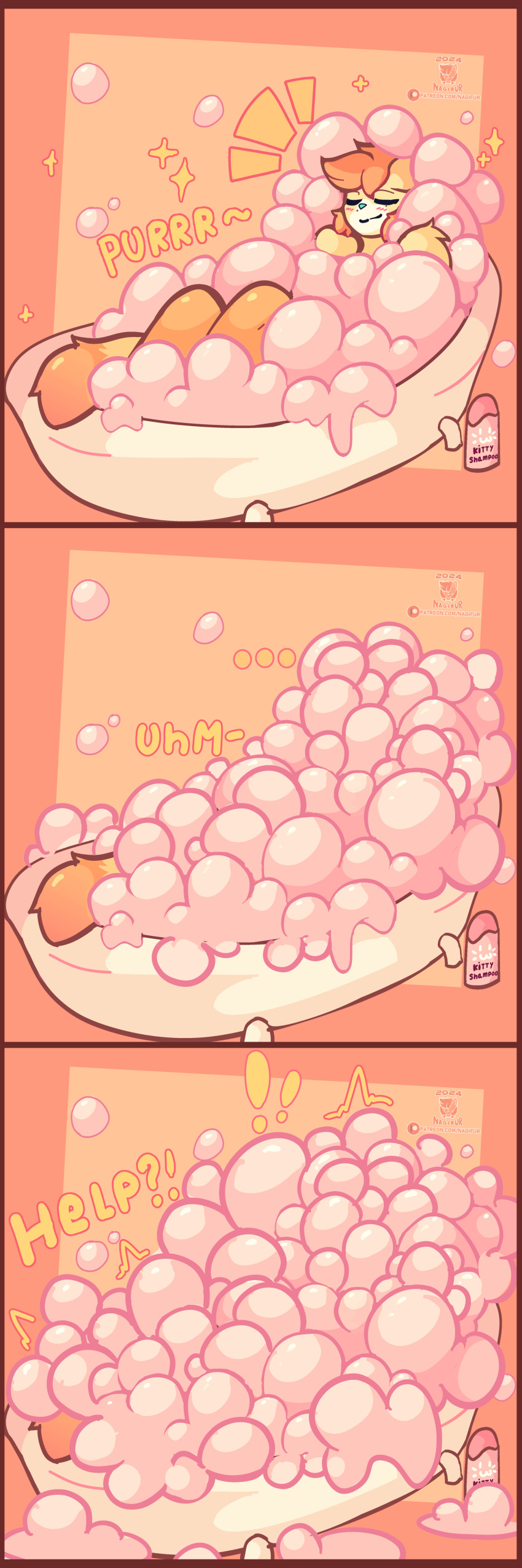 absurd_res anthro bath biped bubble comic digital_media_(artwork) english_text felid fur girly hair hi_res humor male mammal nagi_(nagifur) nagifur partially_submerged simple_background smile solo tail text water