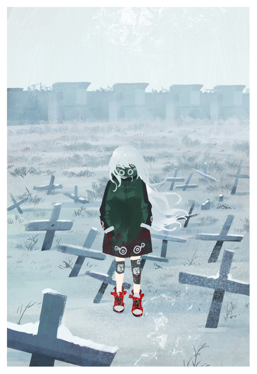 1girl boots g11_(girls'_frontline) girls'_frontline grave hair_over_one_eye hands_in_pockets high_collar highres jacket knee_pads long_hair mush outdoors solo tombstone white_hair