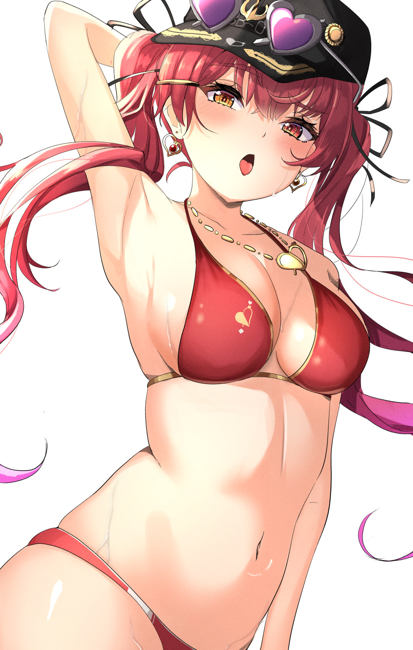 1girl absurdres arm_behind_head arm_up armpits baseball_cap bikini black_hat blush breasts cleavage earrings eyewear_on_head gold_earrings gold_necklace gradient_hair hat heart heart-shaped_eyewear heart_earrings heart_necklace heterochromia highres hololive houshou_marine houshou_marine_(summer) jewelry large_breasts long_hair looking_at_viewer multicolored_hair navel necklace official_alternate_costume open_mouth purple_hair red_bikini red_eyes red_hair sunglasses swimsuit tongue tongue_out twintails virtual_youtuber wet yellow_eyes yunon_oto_mad