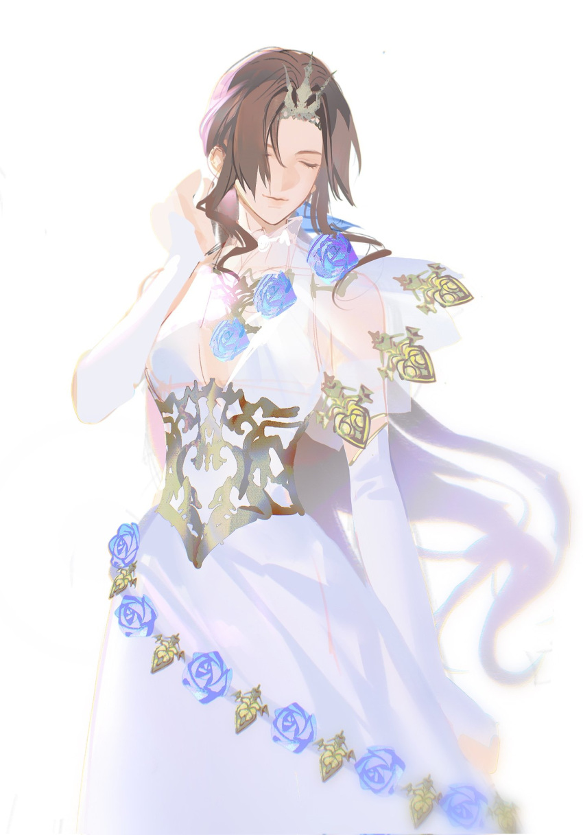 1girl aerith_gainsborough aerith_gainsborough_(prism_dress) blue_flower blue_ribbon blue_rose breasts brown_hair cleavage closed_eyes cowboy_shot detached_sleeves dress dress_flower final_fantasy final_fantasy_vii final_fantasy_vii_ever_crisis final_fantasy_vii_remake flower gold_trim hair_between_eyes hair_ribbon hand_in_own_hair highres light_smile long_dress long_hair low_ponytail medium_breasts official_alternate_costume parted_bangs plunging_neckline ribbon rose see-through see-through_sleeves sidelocks single_bare_shoulder sketch sleeveless sleeveless_dress solo tiara wavy_hair white_background white_dress white_sleeves xianyu314