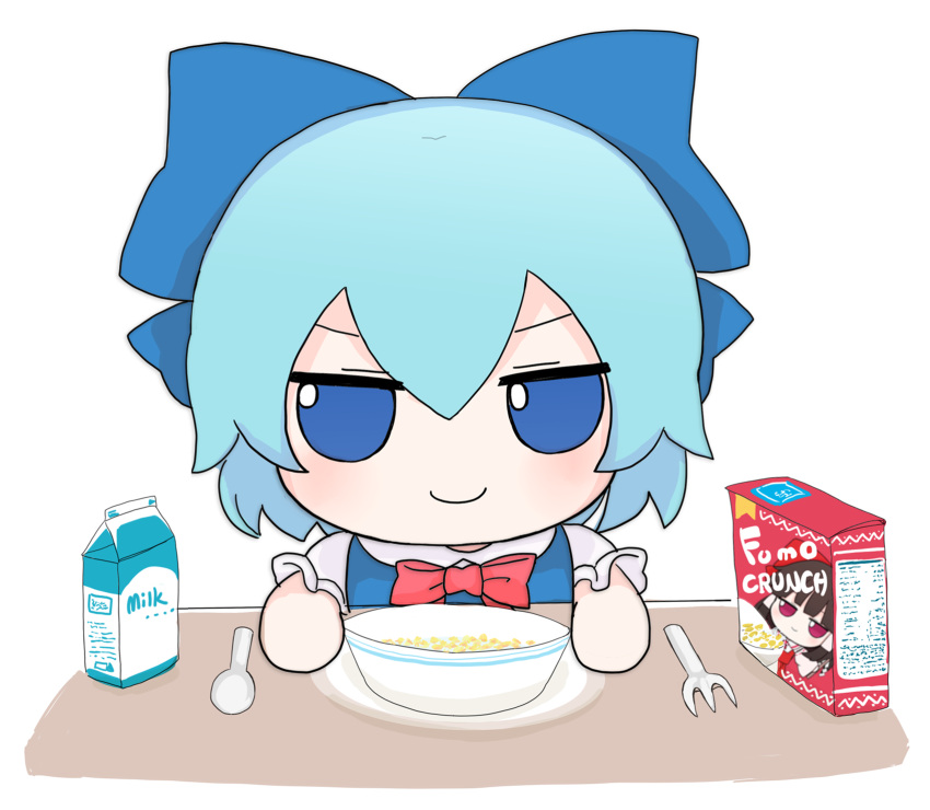 blue_bow blue_dress blue_eyes blue_hair bow bowl chest_bow chibi cirno dress food fork frown fumo_(doll) hair_bow highres light_blush looking_at_viewer milk_carton red_bow rei_(tonbo0430) smile spoon tagme touhou white_background