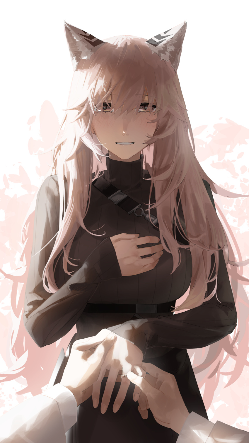 1girl absurdres animal_ears asimo_(hakurei10201) black_skirt blush cat_ears girls'_frontline girls'_frontline_neural_cloud hand_on_own_chest highres jewelry long_hair looking_at_viewer marriage_proposal parted_lips persicaria_(neural_cloud) pink_eyes pink_hair pov pov_hands professor_(neural_cloud) putting_on_jewelry ribbed_sweater ring skirt smile strap sweater wedding_ring