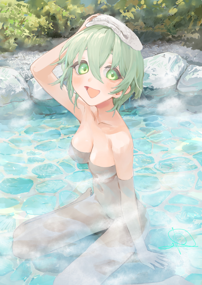 1girl blush commentary_request completely_nude green_eyes green_hair hair_between_eyes highres io_(io_oekaki) looking_at_viewer nude onsen open_mouth original outdoors partially_submerged short_hair sitting smile solo steam towel towel_on_head water