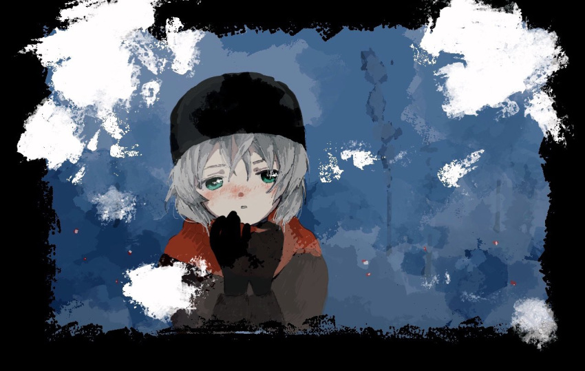 1girl abstract_background alternate_costume black_border black_gloves black_hat blue_background blush border breath brown_coat coat gloves green_eyes grey_hair hands_up looking_at_viewer nose_blush osouzai-kun parted_lips red_scarf sanya_v._litvyak scarf short_hair solo strike_witches warming_hands white_border winter_clothes world_witches_series