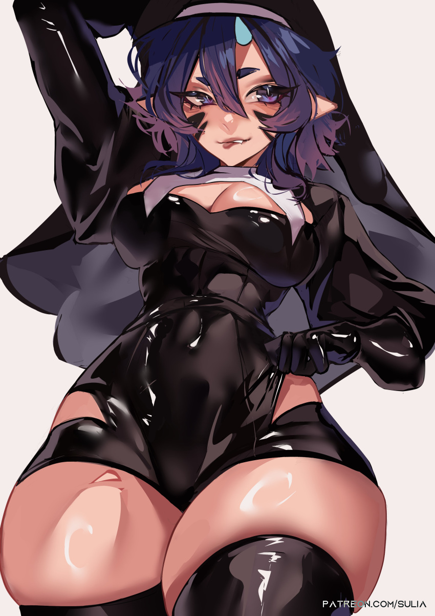 1girl absurdres biting_own_lip black_gloves blue_eyes blue_horns breasts cleavage clothes_pull detached_collar facial_mark gloves habit hair_between_eyes highres hip_vent horns impossible_clothes indie_virtual_youtuber long_sleeves looking_to_the_side nun patreon_username pointy_ears purple_hair short_eyebrows short_hair_with_long_locks single_horn solo sulia_(vtuber) suliavtuber virtual_youtuber