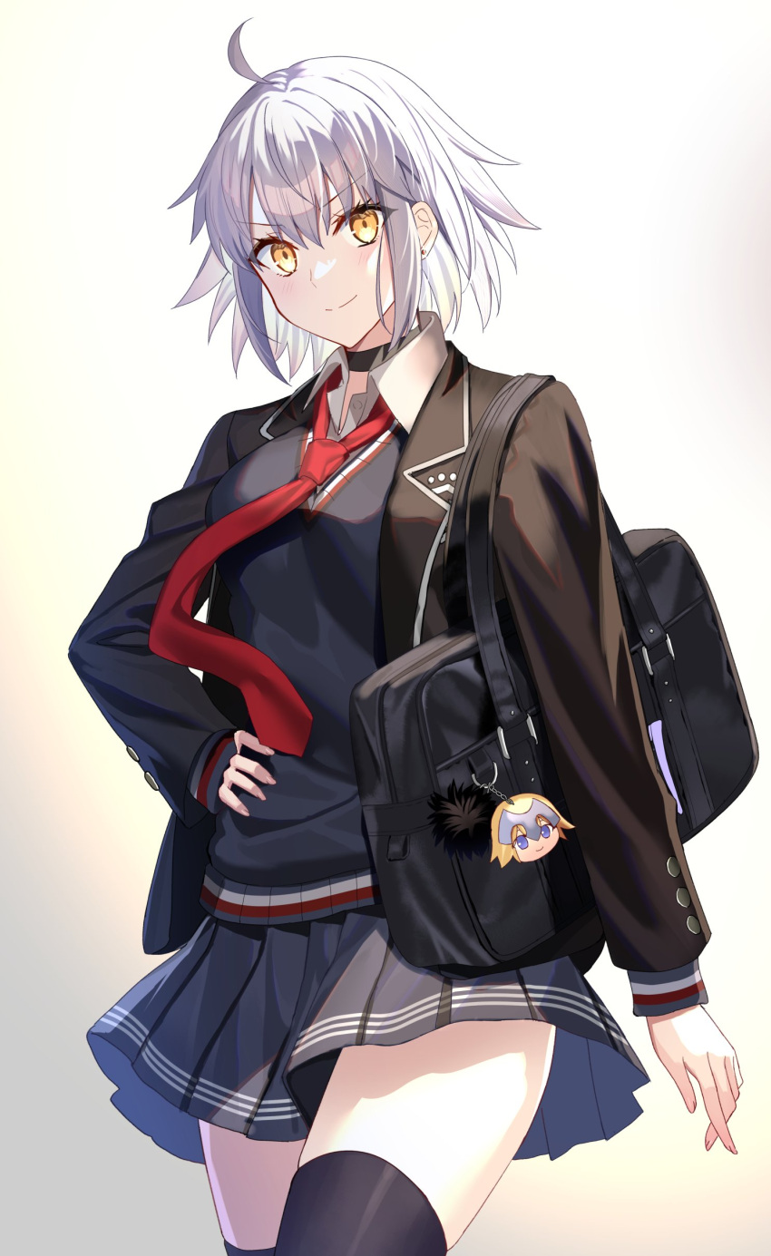 1girl absurdres ahoge blush breasts fate/grand_order fate_(series) fuyuki_(neigedhiver) grey_hair highres jeanne_d'arc_alter_(avenger)_(fate) jeanne_d'arc_alter_(fate) large_breasts long_sleeves looking_at_viewer school_uniform short_hair skirt smile solo yellow_eyes