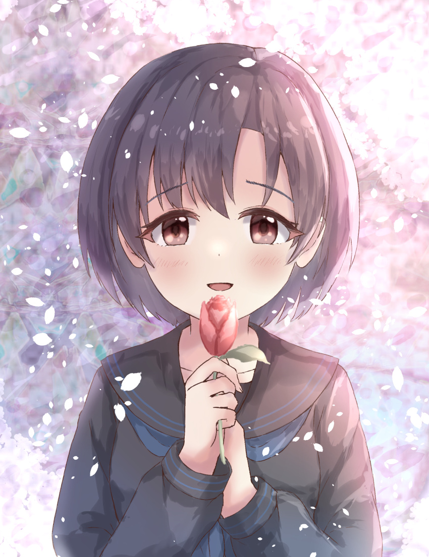 1girl absurdres birthday black_hair black_serafuku black_shirt blue_neckerchief blue_trim blush brown_eyes cherry_blossoms collarbone collared_shirt commentary_request day dot_nose eyelashes falling_petals flower hands_up highres holding holding_flower idolmaster idolmaster_cinderella_girls idolmaster_cinderella_girls_starlight_stage long_sleeves looking_at_viewer medium_bangs neckerchief official_alternate_costume open_mouth outdoors petals pink_petals portrait red_flower red_tulip school_uniform serafuku shiragiku_hotaru shirt short_hair sidelocks smile solo straight-on straight_hair tulip upper_body yuonagi