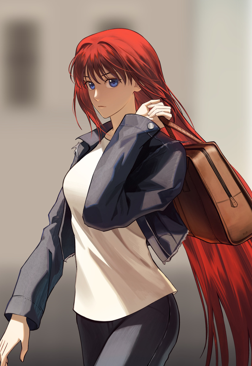 absurdres aozaki_aoko bag blurry blurry_background brown_bag closed_mouth commentary_request grey_pants highres holding holding_bag jacket kotomine_(a1569) long_hair long_sleeves looking_at_viewer melty_blood open_clothes open_jacket pants red_hair shirt tsukihime very_long_hair walking white_shirt