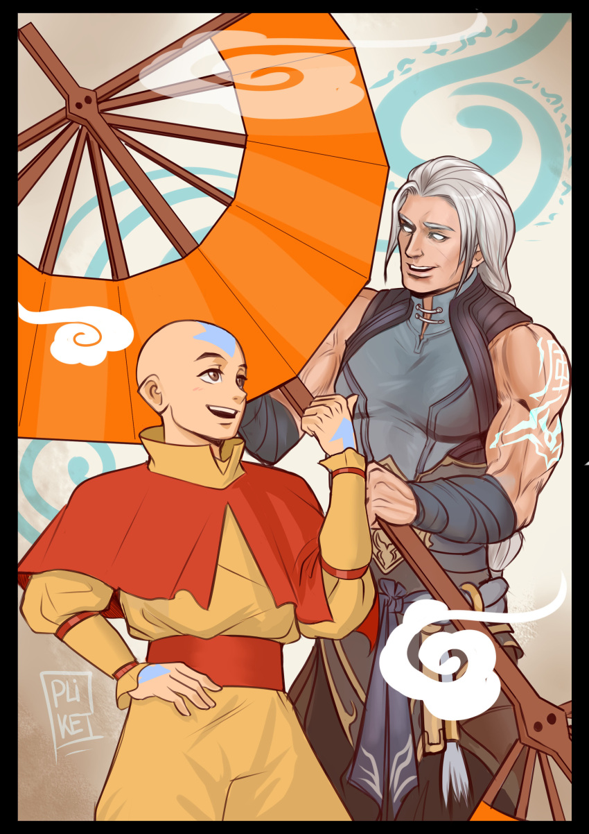 2boys aang absurdres avatar:_the_last_airbender avatar_legends bald black_border border braid braided_ponytail brown_eyes english_commentary fujin_(mortal_kombat) grey_hair hand_on_own_hip highres holding japanese_clothes long_hair long_sleeves male_focus mortal_kombat_(series) mortal_kombat_11 multiple_boys muscular muscular_male no_pupils open_mouth orange_pants orange_shirt pants power_connection shirt signature tattoo tazahan teeth upper_teeth_only white_eyes wind