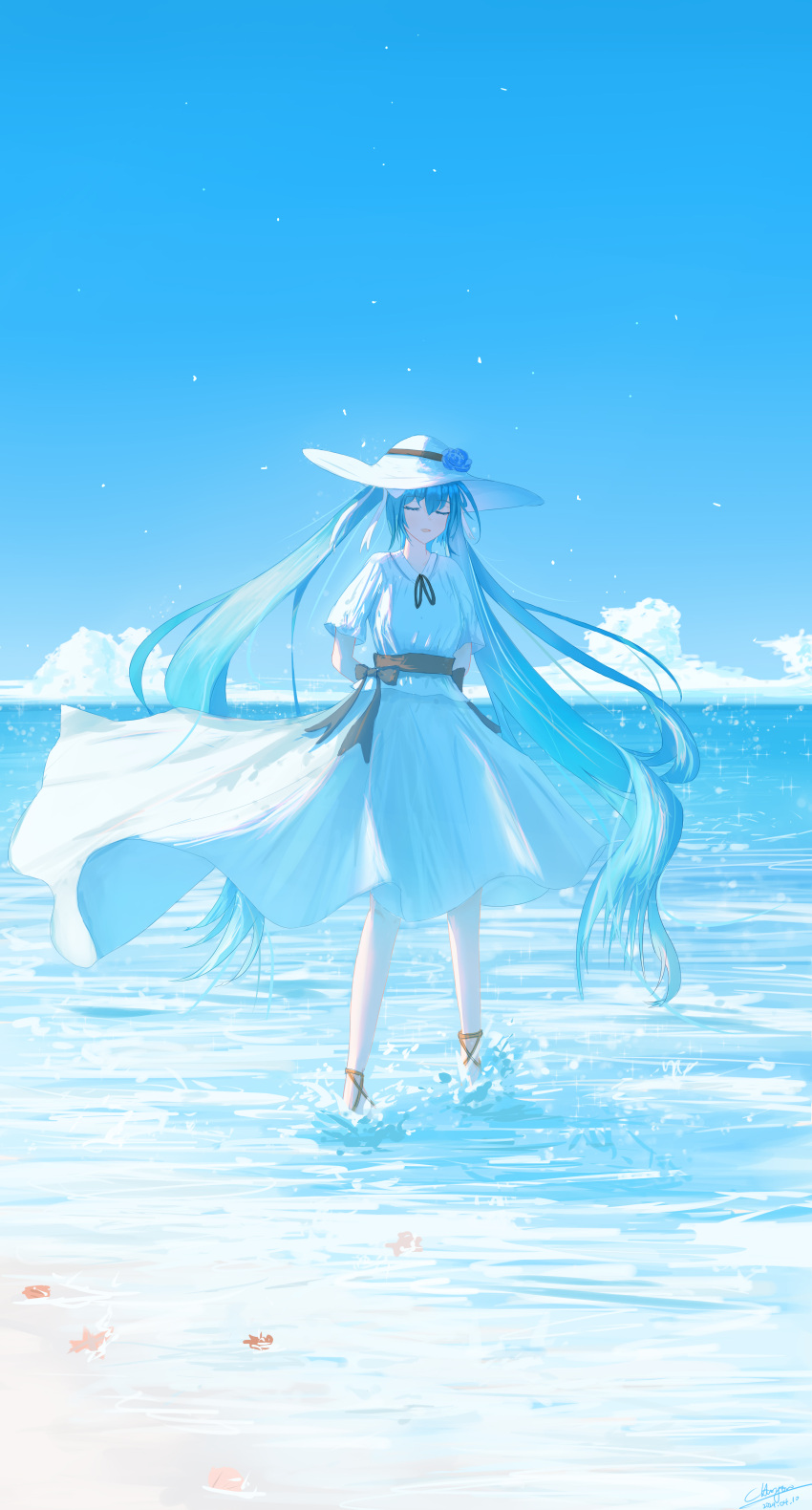 1girl absurdly_long_hair absurdres aqua_hair arms_behind_back black_ribbon blue_sky chinese_commentary clear_sky closed_eyes cloud commentary_request day dress floating_hair flower full_body hargow hat hat_flower hatsune_miku highres long_hair neck_ribbon ocean open_mouth outdoors ribbon short_sleeves sidelocks sky smile solo standing twintails very_long_hair vocaloid wading water white_dress white_hat wide_shot