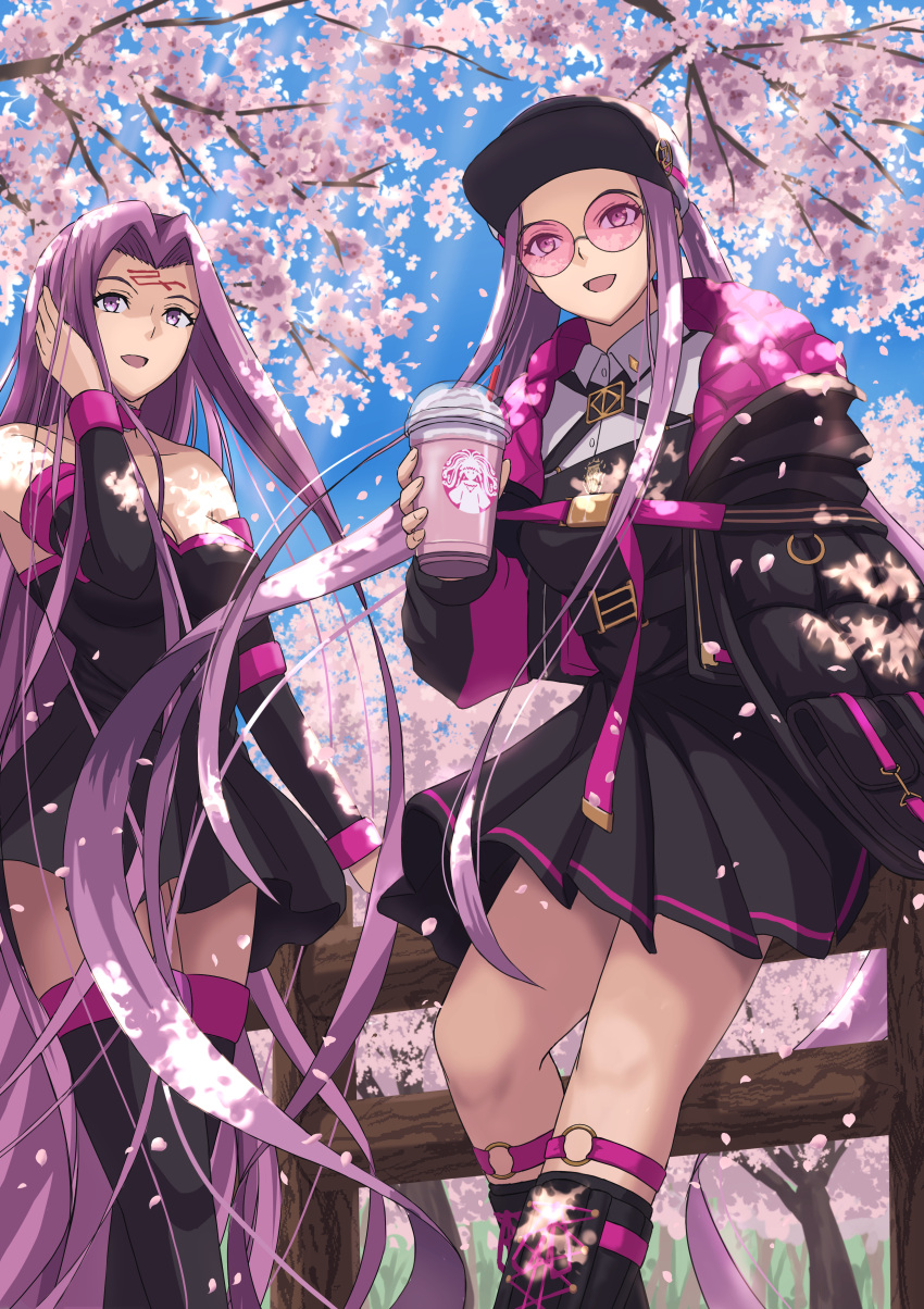 2girls absurdres bare_shoulders black_dress black_hat black_jacket breasts cleavage dress dual_persona facial_mark fate/grand_order fate/stay_night fate_(series) forehead forehead_mark fur-trimmed_headwear fur_trim glasses highres jacket ksfactory large_breasts long_hair looking_at_viewer medusa_(fate) medusa_(rider)_(fate) medusa_(saber)_(fate) multiple_girls open_mouth parted_bangs pink-tinted_eyewear purple_eyes purple_hair round_eyewear sidelocks smile sunglasses thighs tinted_eyewear very_long_hair