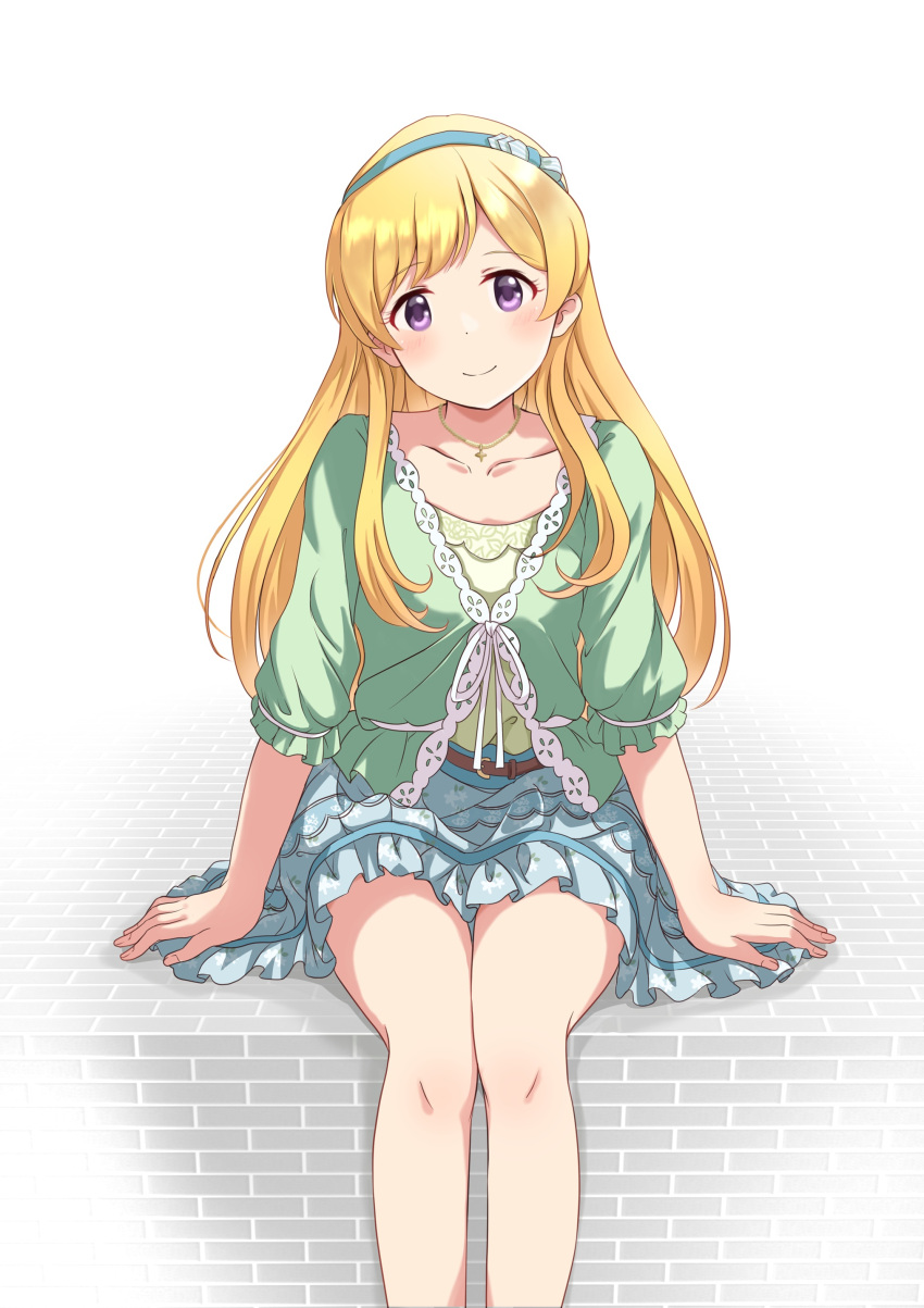 1girl absurdres blonde_hair blue_hairband blue_skirt closed_mouth collarbone emily_stewart green_shirt hairband head_tilt highres idolmaster idolmaster_million_live! idolmaster_million_live!_theater_days jewelry long_hair looking_at_viewer miniskirt official_alternate_hairstyle pendant purple_eyes shirt sitting skirt smile solo swept_bangs very_long_hair white_background yukipo_p