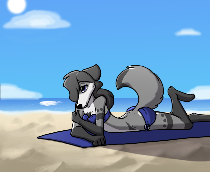 beach bikini canid canine clothing cloud female fox fur fur_markings hair hair_over_eye leg_markings light lumila_armoph lying mammal markings on_front one_eye_obstructed sea setriaphtfj socks_(marking) sunbathing sunlight swimwear water