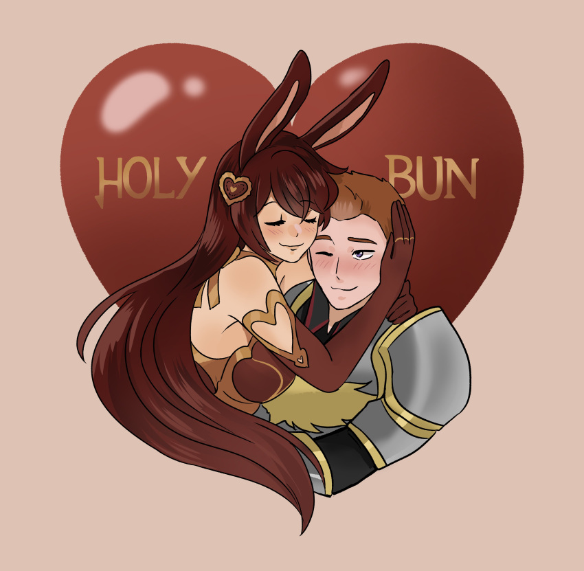 1boy 1girl absurdres armor blue_eyes breasts brown_background brown_gloves brown_hair cardin_winchester closed_eyes closed_mouth commentary_typo cropped_torso elbow_gloves english_commentary english_text gloves heart hetero highres hug large_breasts long_hair one_eye_closed rwby simple_background squira130 velvet_scarlatina