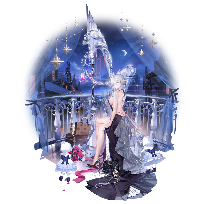 1girl backless_dress backless_outfit bag bare_shoulders black_dress black_footwear bottle bouquet braid breasts building cloud crossed_legs dress eos_(neural_cloud) flower full_body girls'_frontline girls'_frontline_neural_cloud hair_between_eyes hair_ornament harp high_heels highres holding holding_bouquet instrument jewelry long_hair looking_at_viewer moon night night_sky official_art parted_lips red_flower sideboob sitting sky sleeveless sleeveless_dress smile solo star_(sky) starry_sky thigh_strap third-party_source transparent_background white_hair wine_bottle yellow_eyes