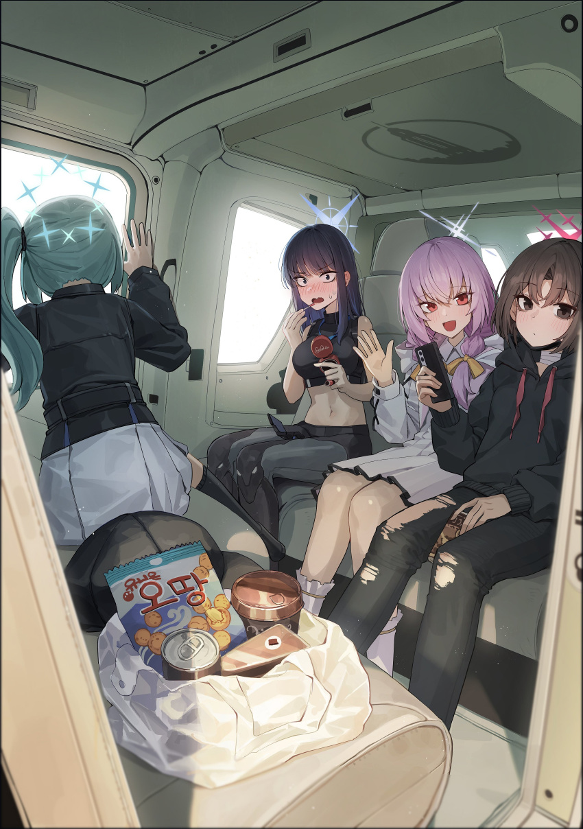 4girls :d absurdres applying_makeup aqua_hair arius_squad_(blue_archive) atsuko_(blue_archive) bag bandaged_neck bandages black_hair black_hoodie bloom blue_archive blush bow brown_hair can car_interior cellphone commentary_request denim dot_mouth drawstring drink hair_between_eyes hair_bow hair_ribbon halo hat highres hiyori_(blue_archive) holding holding_phone hood hoodie jeans kokukyukeo korean_commentary long_hair looking_at_viewer midriff misaki_(blue_archive) multiple_girls open_mouth pants parted_bangs phone pink_hair plastic_bag red_eyes ribbon saori_(blue_archive) short_hair side_ponytail sidelocks sitting smartphone smile snack sweatdrop torn_clothes torn_jeans torn_pants unworn_hat unworn_headwear v-shaped_eyebrows waving wide-eyed