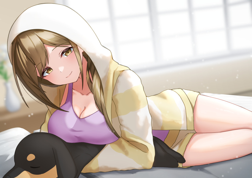 1girl absurdres bare_legs blush breasts brown_hair camellia_90 cleavage collarbone dachshund highres hood hood_up hooded_jacket idolmaster idolmaster_shiny_colors jacket kuwayama_chiyuki large_breasts light_smile looking_at_viewer lying multicolored_clothes multicolored_jacket on_side pink_tank_top solo tank_top thighs two-tone_jacket