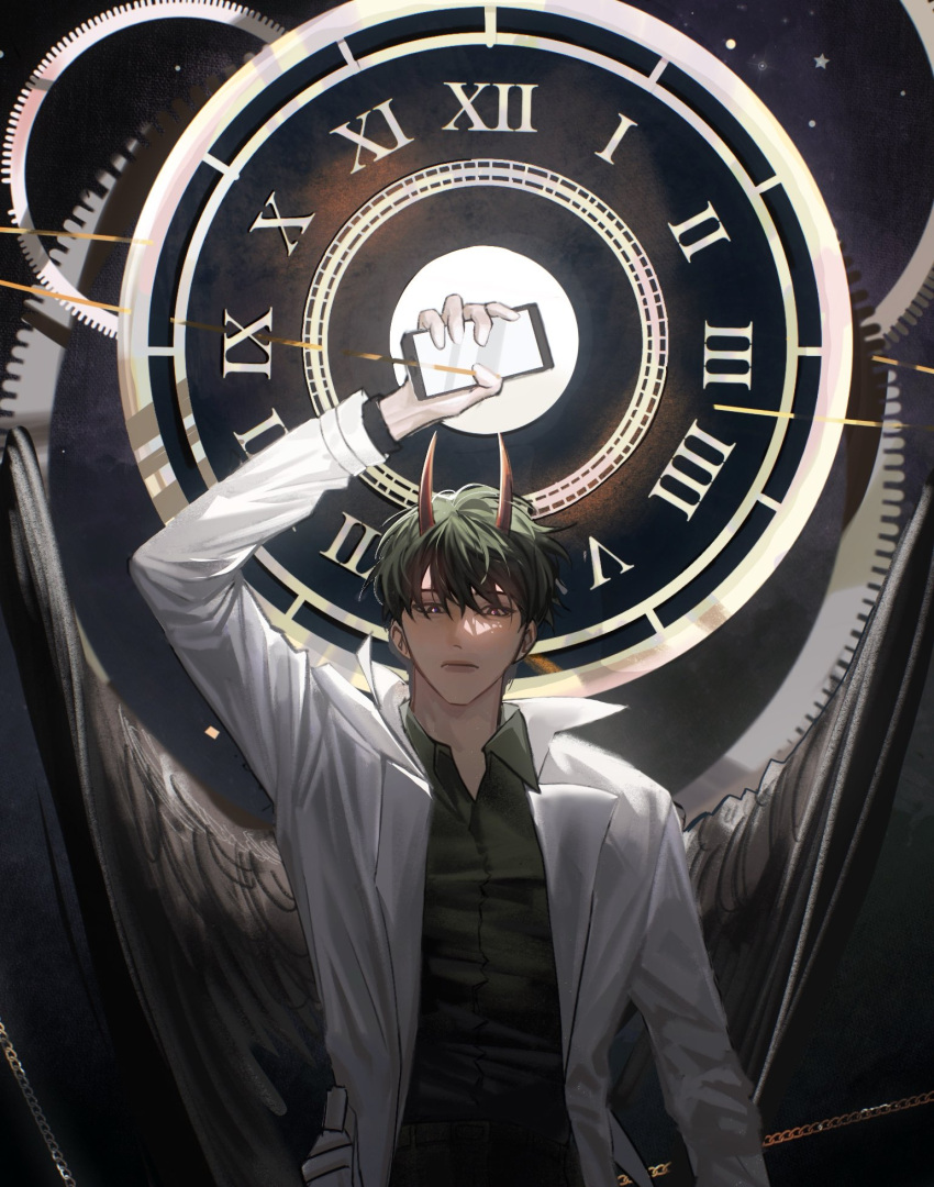1boy black_shirt clock closed_mouth coat collared_coat collared_shirt demon_horns denxu0 facing_viewer gears highres holding holding_phone horns kim_dokja light_frown long_sleeves male_focus mechanic omniscient_reader's_viewpoint phone red_horns roman_numeral shirt solo star_(sky) upper_body white_coat