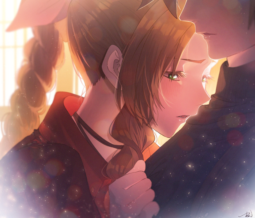 1boy 1girl aerith_gainsborough black_choker blonde_hair blue_shirt blurry blurry_background braid braided_ponytail brown_hair choker clenched_hand cloud_strife final_fantasy final_fantasy_vii final_fantasy_vii_rebirth final_fantasy_vii_remake green_eyes hair_ribbon half-closed_eyes hand_on_another's_chest hetero highres jacket light_blush long_hair parted_bangs parted_lips pink_ribbon red_jacket ribbon shirt short_hair sidelocks signature single_braid sunlight suspenders tsu-an turtleneck upper_body