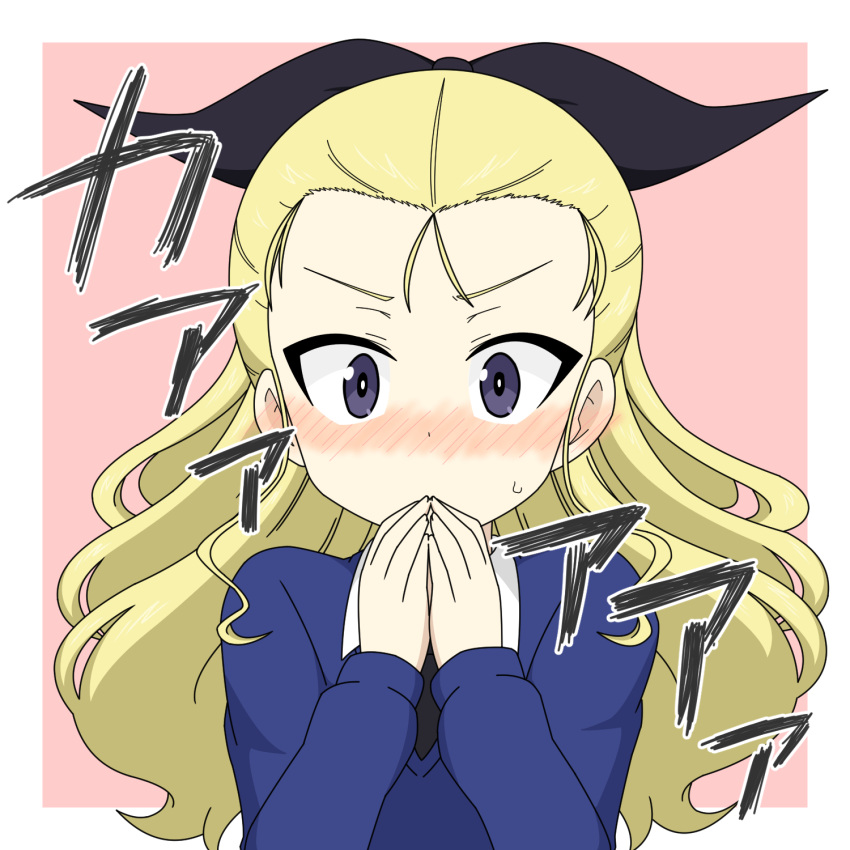 1girl assam_(girls_und_panzer) black_necktie black_ribbon blonde_hair blue_eyes blue_sweater blush commentary covering_own_mouth dress_shirt girls_und_panzer hair_pulled_back hair_ribbon highres ichinose_jun long_hair long_sleeves looking_at_viewer necktie pink_background ribbon school_uniform shirt solo st._gloriana's_school_uniform sweatdrop sweater translated v-neck white_shirt