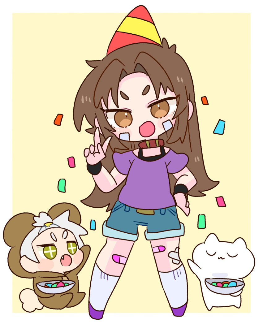 +_+ 1girl 1other :3 :o animal animal_costume bandaid bandaid_on_knee bandaid_on_leg birthday black_wristband blue_shorts border borrowed_character bowl brown_eyes brown_hair cat chibi closed_eyes collar confetti ed-chan_(edkuroki) fang gauze_on_cheek green_eyes grey_hair hair_intakes hand_on_own_hip hat highres holding holding_bowl long_hair looking_at_viewer op_na_yarou open_mouth original party_hat purple_footwear purple_shirt red_collar shirt short_hair short_sleeves shorts simple_background sitting socks solo_focus standing v white_border white_socks yellow_background